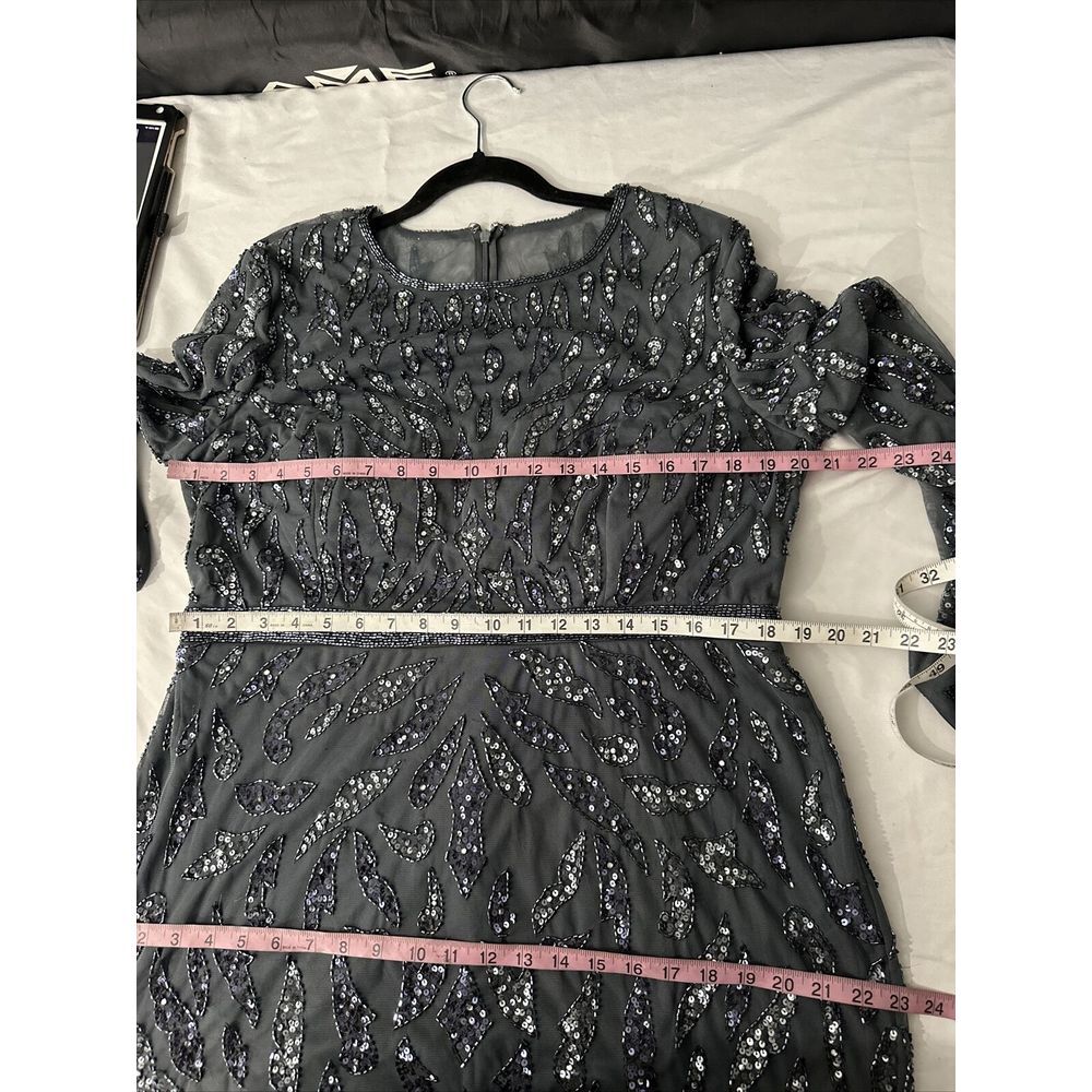 NWT $598 Mac Duggal [ 14 ] Beaded Long Sleeve‎ Evening Gown in Charcoal #S1107 - Picture 5 of 13